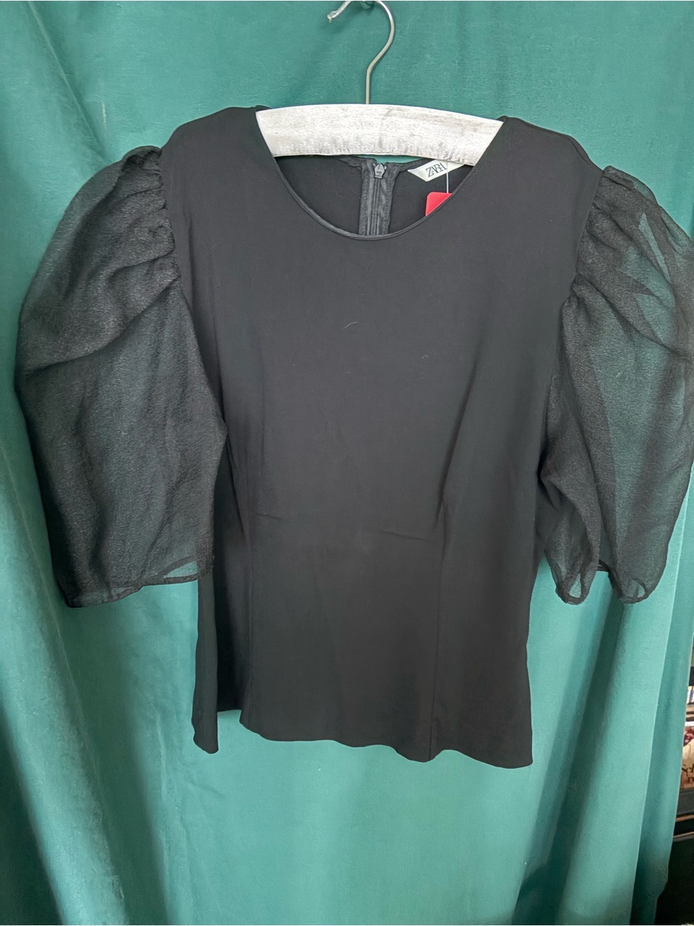 Zara Black chiffon Puff-Sleeve Blouse